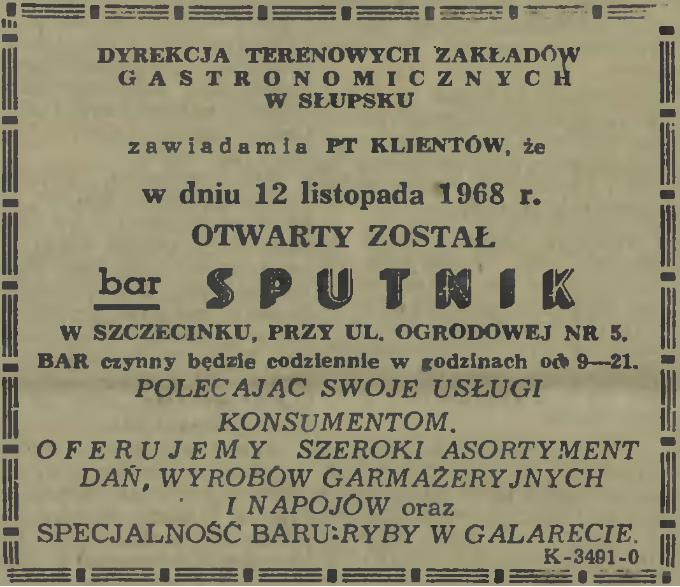 Bar Sputnik - Reklama - Głos Koszaliński - wtorek, 12 listopada 1968 r. , cena 50 gr.