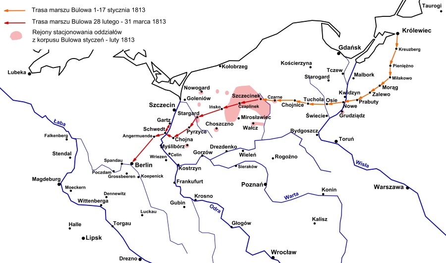 Przemarsz korpusu Bülowa (1-17 stycznia oraz 28 lutego-31 marca 1813 r.; zaznaczono trasę marszu Bülowa i jego sztabu).